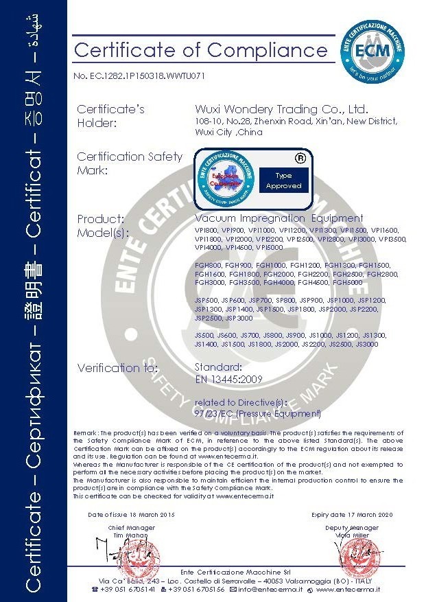 China Wuxi Wondery Industry Equipment Co., Ltd Certificaten