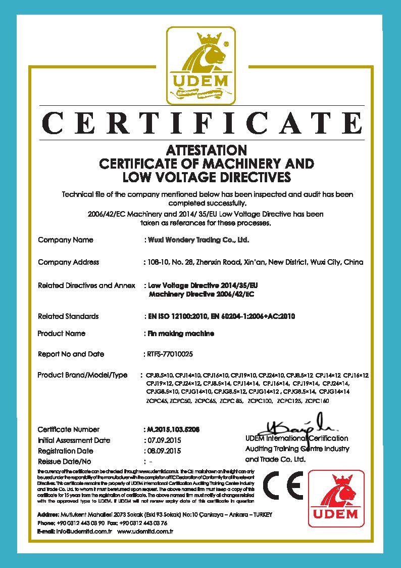China Wuxi Wondery Industry Equipment Co., Ltd Certificaten